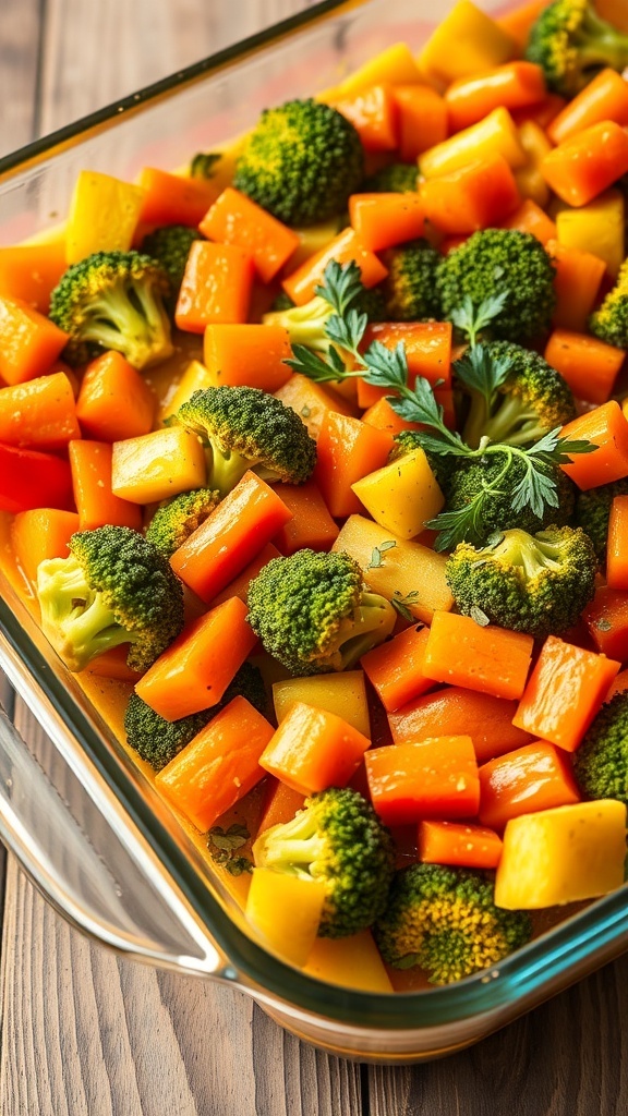 A vibrant steamed vegetable casserole with broccoli, carrots, and bell peppers in a glass dish, garnished with herbs.